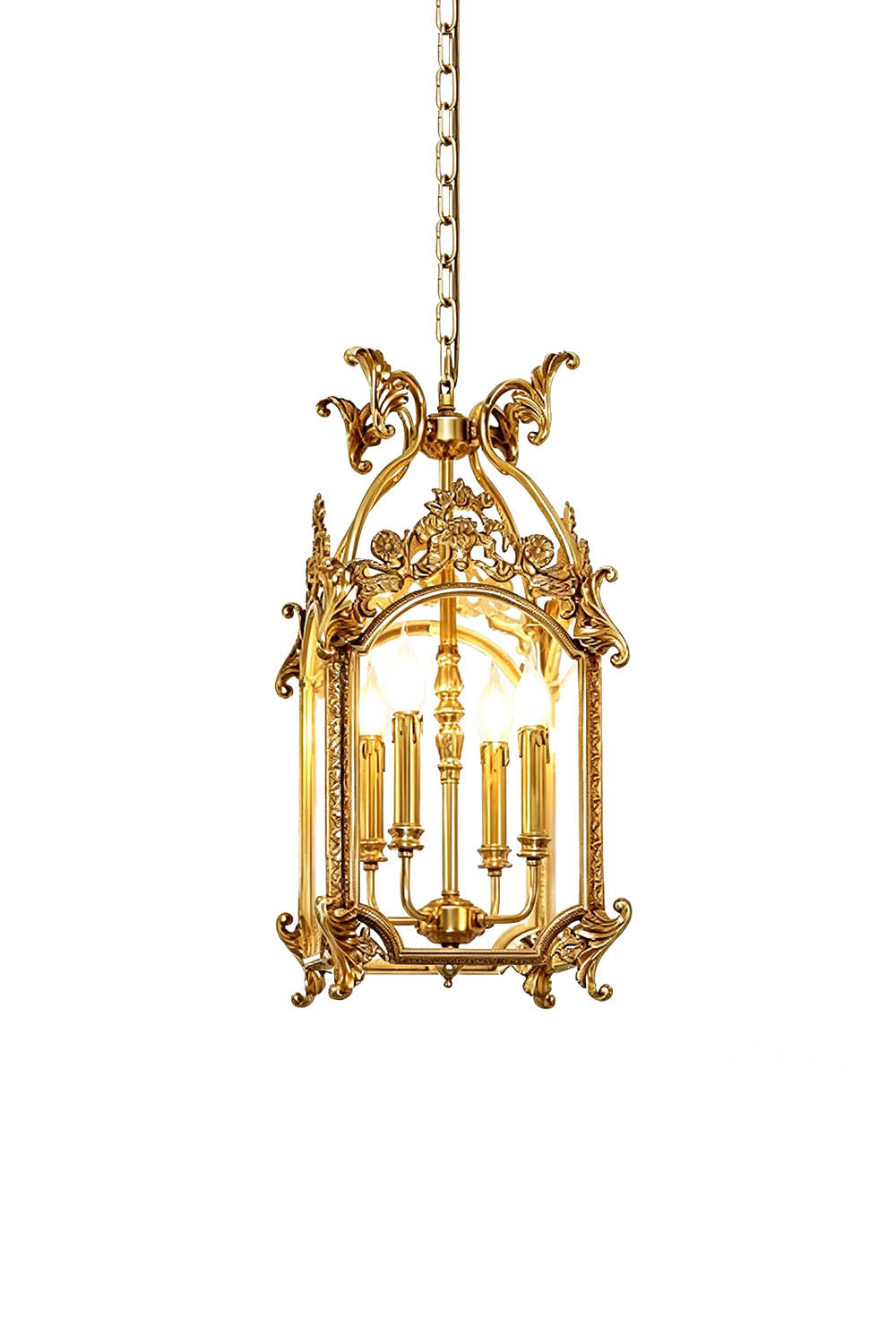 Corwin Glazed Brass Pendant Light with ornate design and hanging chain, showcasing warm illumination.