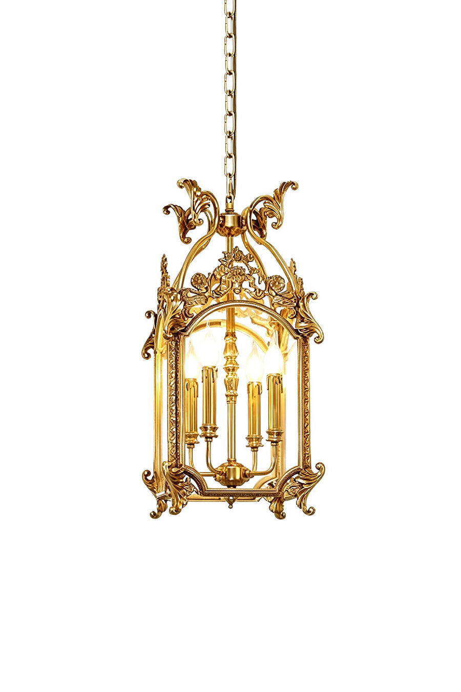 Corwin Glazed Brass Pendant Light with ornate design and hanging chain, showcasing warm illumination.