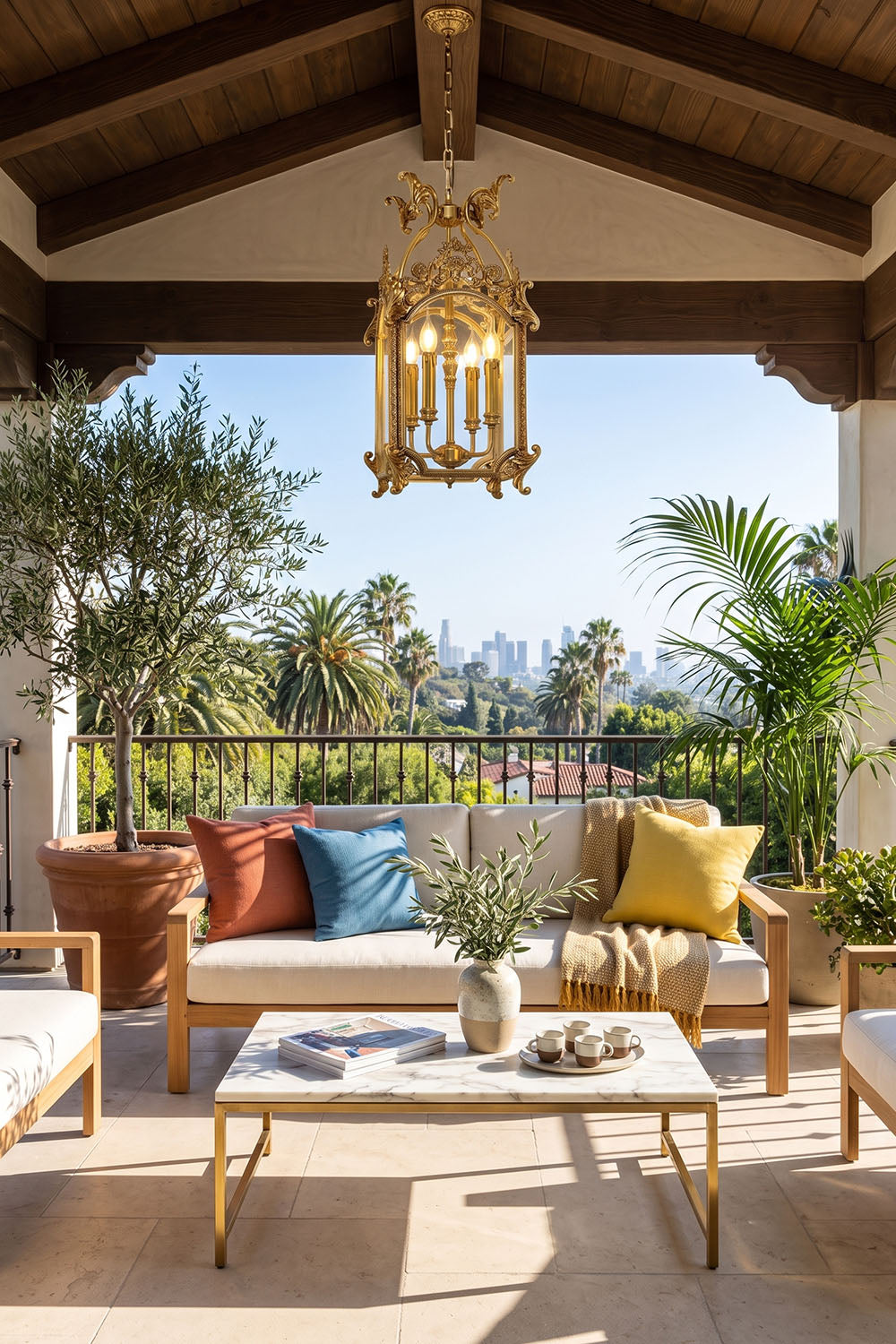 Corwin Glazed Brass Pendant Light hanging above a stylish outdoor seating area with lush greenery and city view.