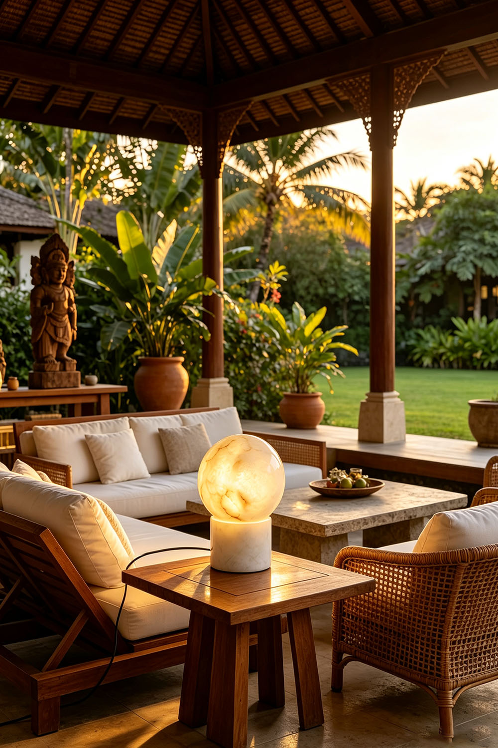 Cosima Alabaster Globe Table Lamp | Natural Alabaster | Illuminating a side table in an outdoor lounge with rattan furniture | Samu Lamp