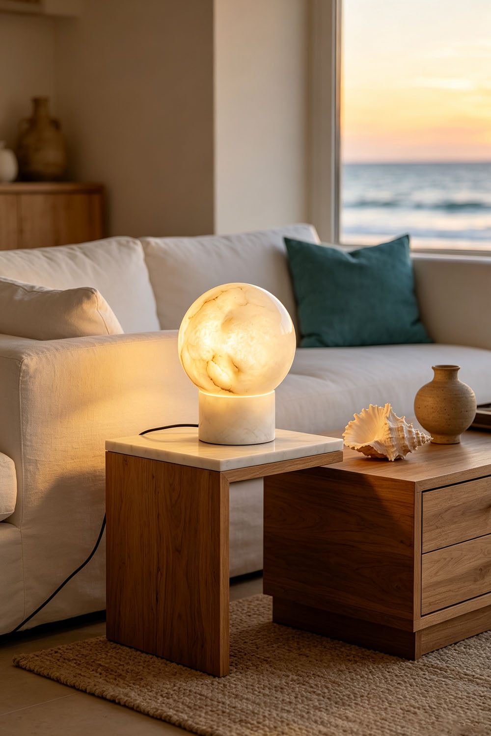 Cosima Alabaster Globe Table Lamp | Natural Alabaster | Lighting a wooden side table near a white sofa facing the ocean | Samu Lamp
