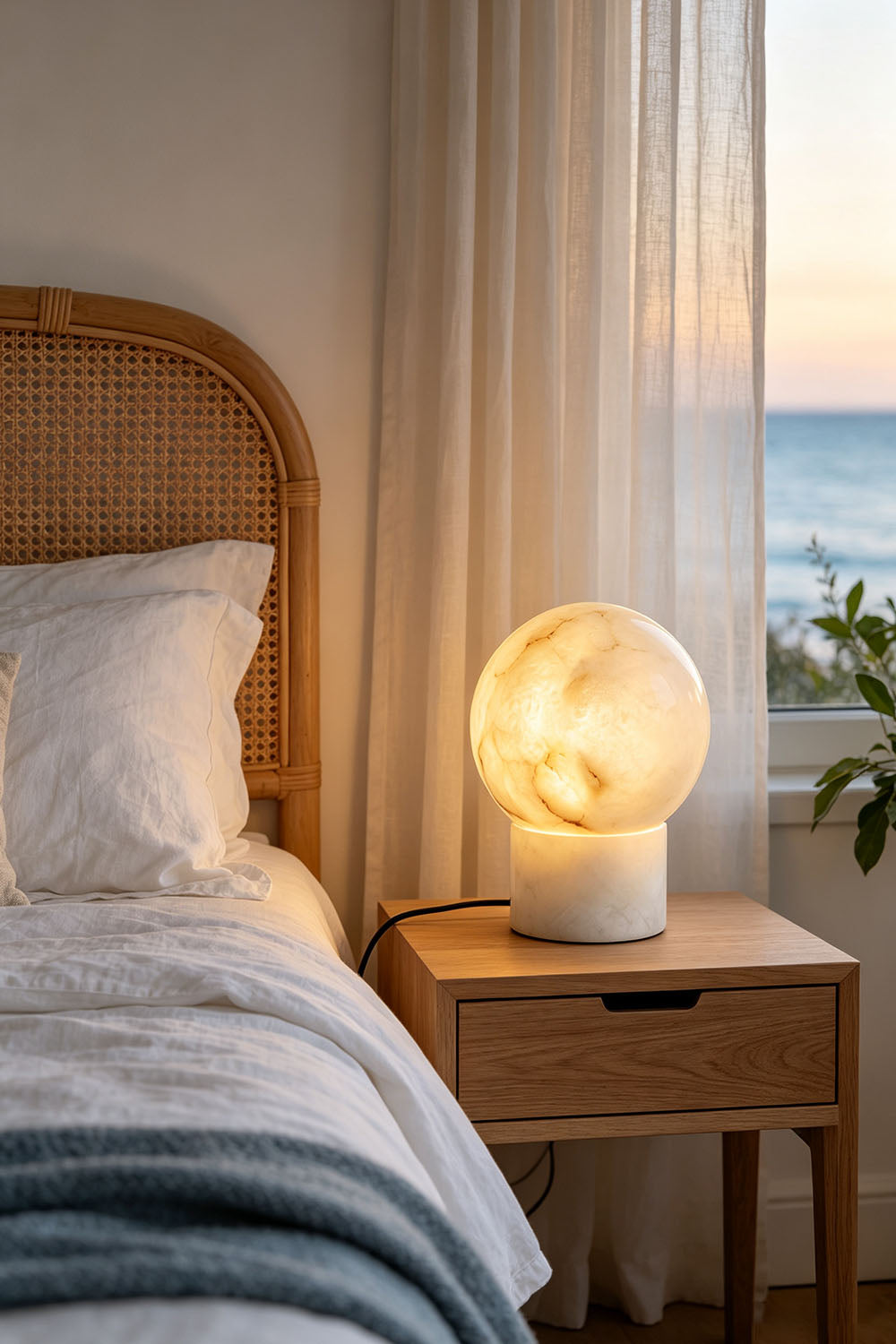Cosima Alabaster Globe Table Lamp | Natural Alabaster | Displayed on a wooden nightstand in a coastal bedroom with ocean view | Samu Lamp