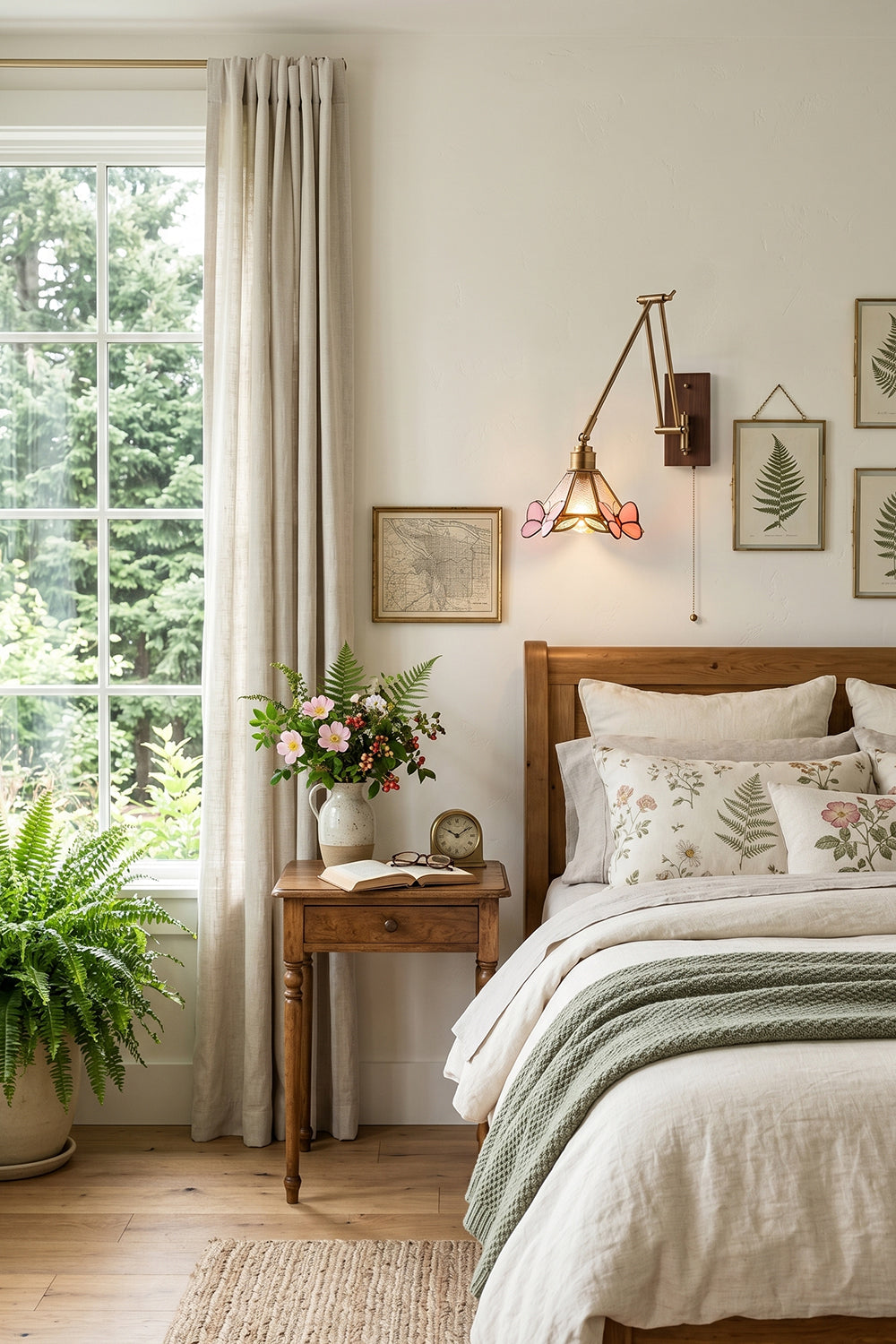 Cynthia Butterfly Articulated Wall Lamp | Stained Glass, Metal, Wood | Mounted on a white wall as a vintage bedside reading lamp above a dark wood headboard bed in a cozy bedroom | Samu Lamp
