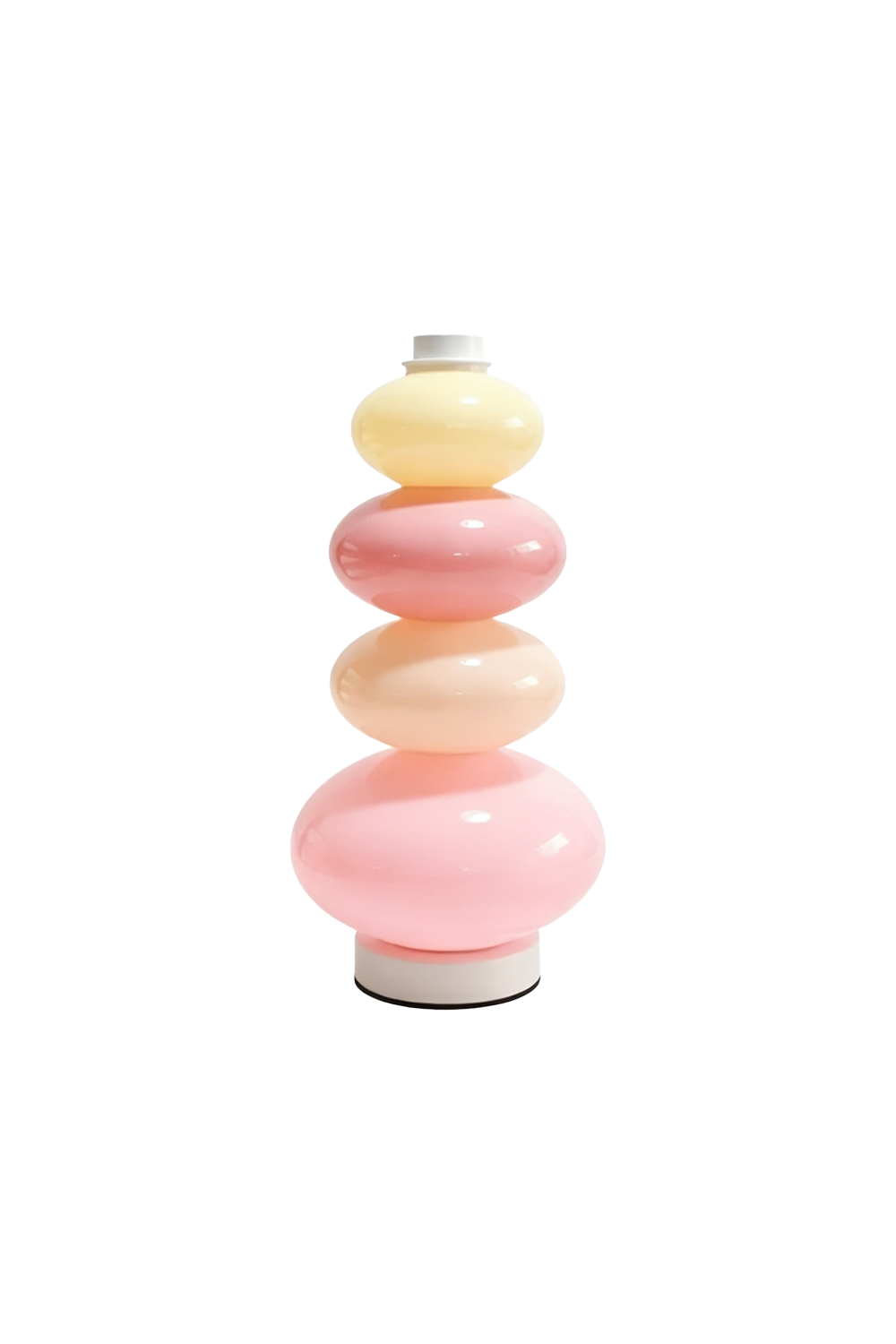 Dolce Stacked Pastel Glass Table Lamp | Glass, Metal | Colorful stacked pebble-shaped glass table lamp with pastel yellow, peach, and pink tiers glowing warmly | Isolated lit product shot on white background | Samu Lamp