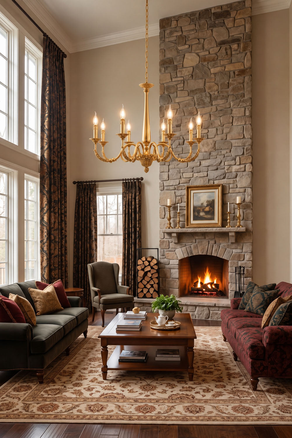 Dorvanne Brass Scroll Arm Candle Chandelier | Solid Brass | In a high-ceiling room with stone fireplace | Samu Lamp