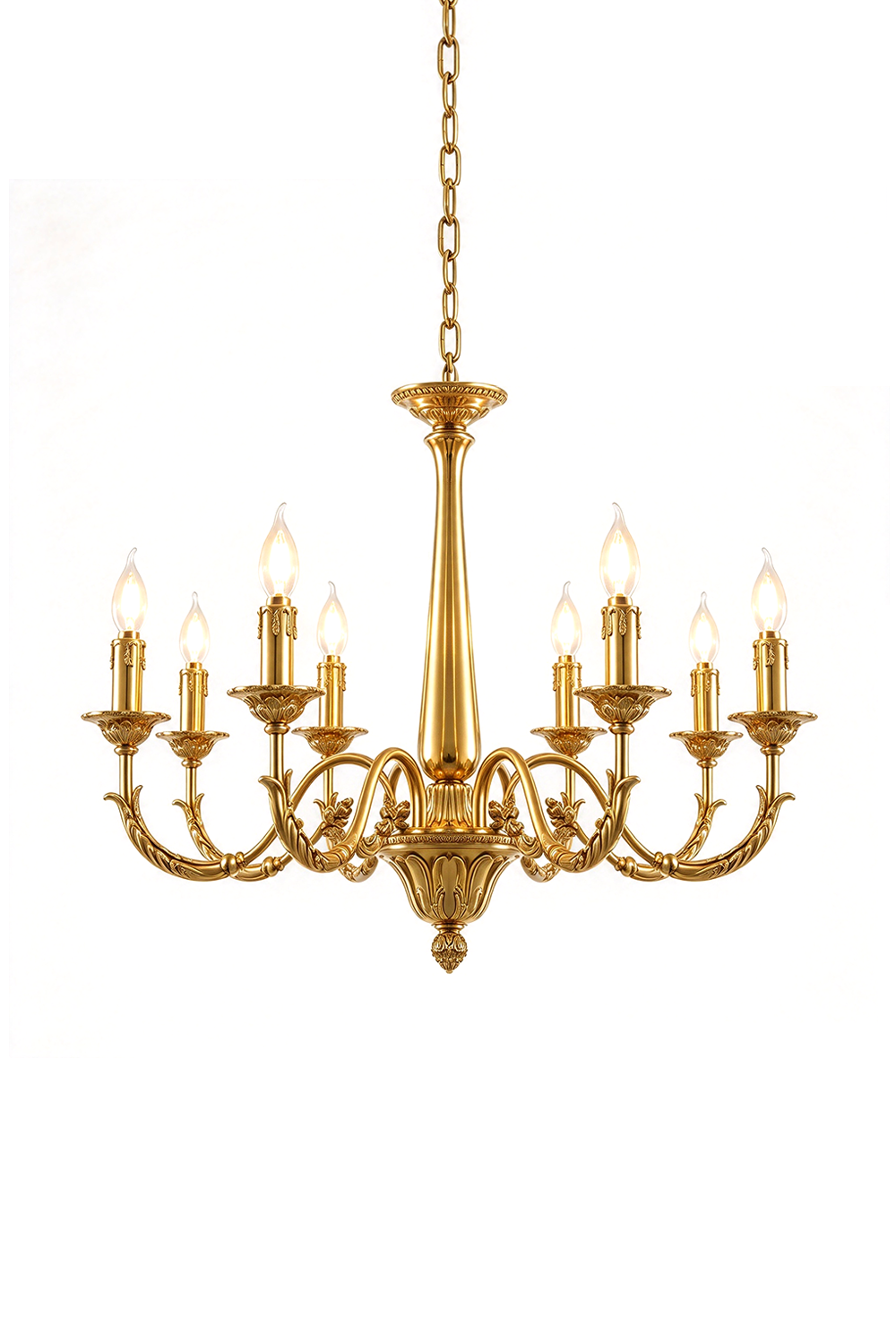 Dorvanne Brass Scroll Arm Candle Chandelier | Solid Brass | Front full view on pure white background, lit | Samu Lamp