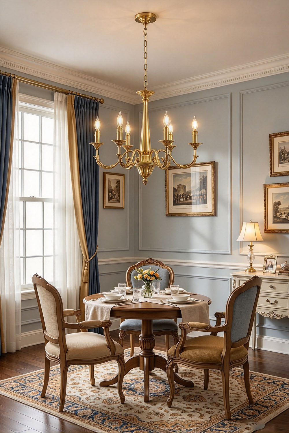 Dorvanne Brass Scroll Arm Candle Chandelier | Solid Brass | Over a round dining table against blue walls | Samu Lamp