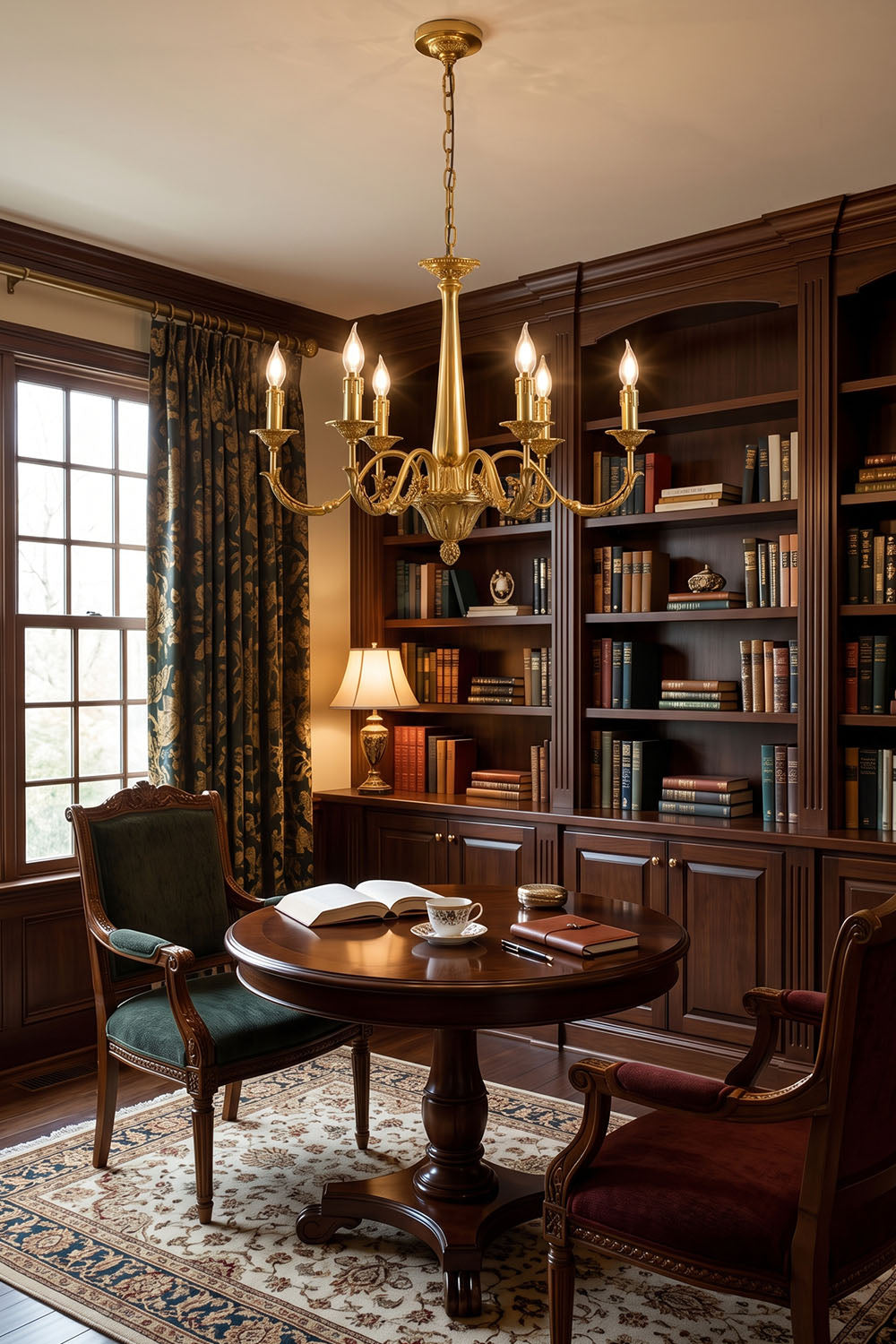 Dorvanne Brass Scroll Arm Candle Chandelier | Solid Brass | In a classic library with wood bookshelves | Samu Lamp