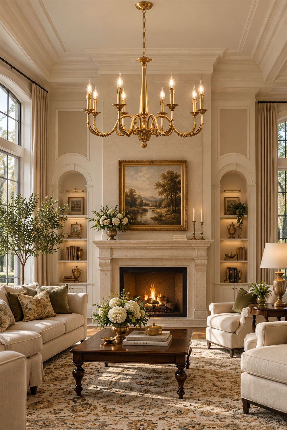 Dorvanne Brass Scroll Arm Candle Chandelier | Solid Brass | In an elegant living room with white fireplace | Samu Lamp