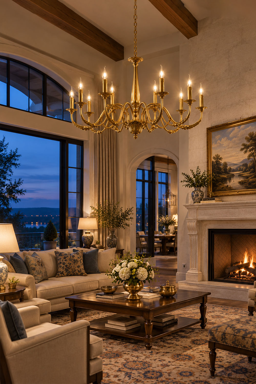 Dorvanne Brass Scroll Arm Candle Chandelier | Solid Brass | In a luxury living room at dusk near windows | Samu Lamp
