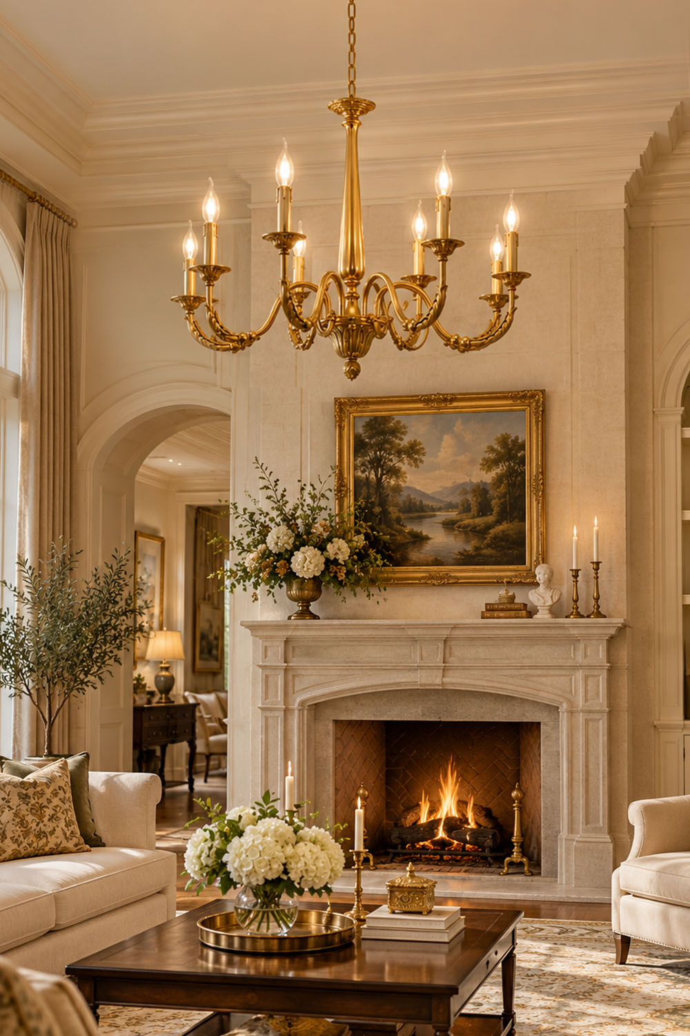 Dorvanne Brass Scroll Arm Candle Chandelier | Solid Brass | In a classic living room with warm fireplace | Samu Lamp