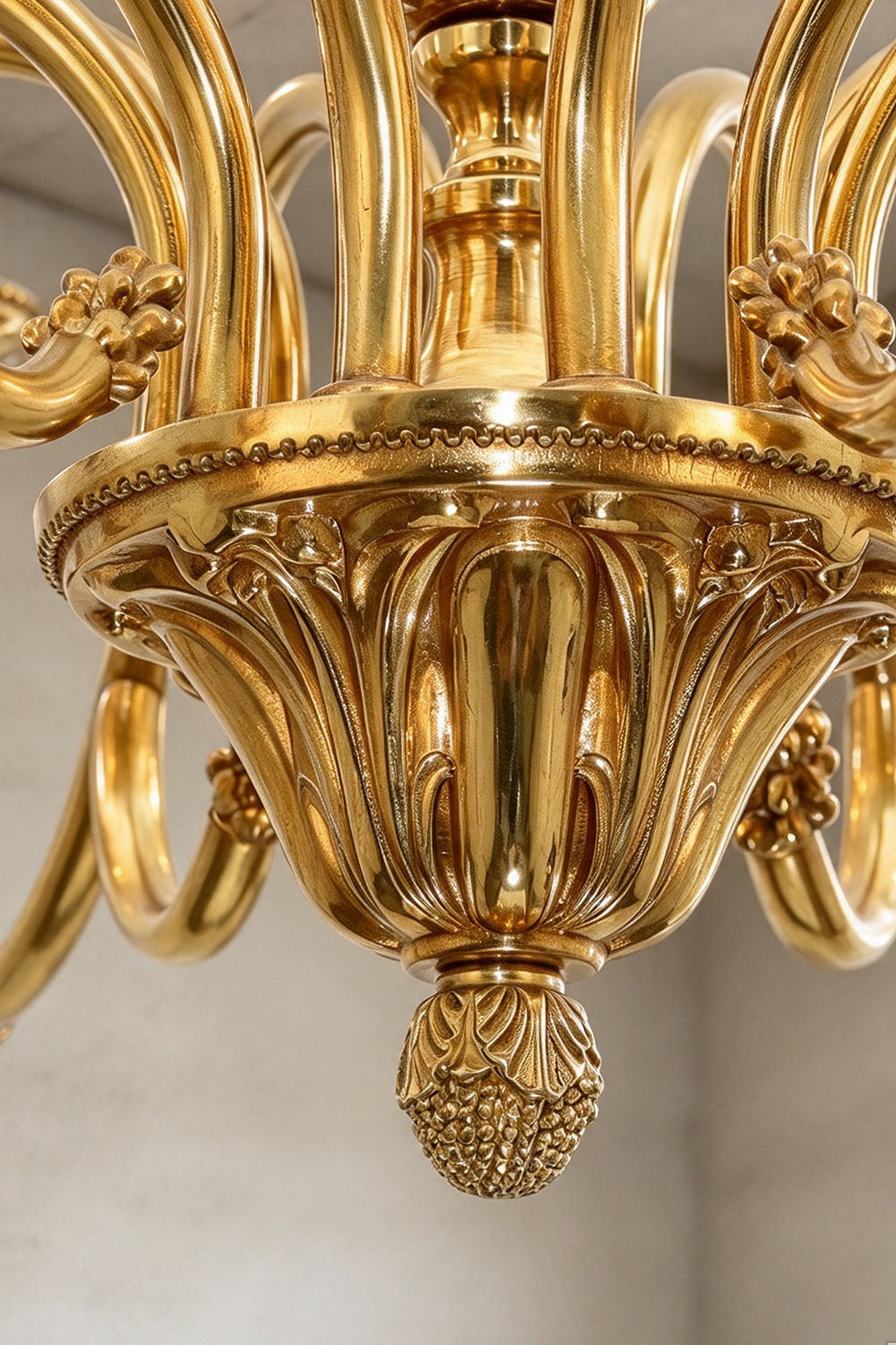 Dorvanne Brass Scroll Arm Candle Chandelier | Solid Brass | Close-up of carved brass bottom finial bowl | Samu Lamp