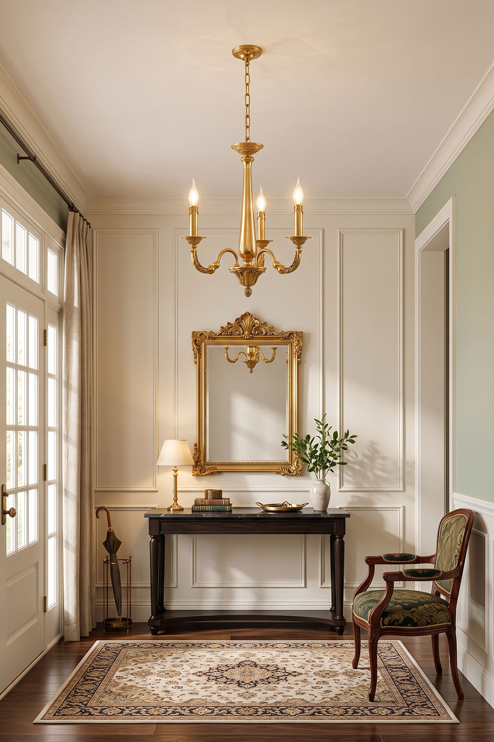 Dorvanne Brass Scroll Arm Candle Chandelier | Solid Brass | In an elegant entryway over a console table | Samu Lamp
