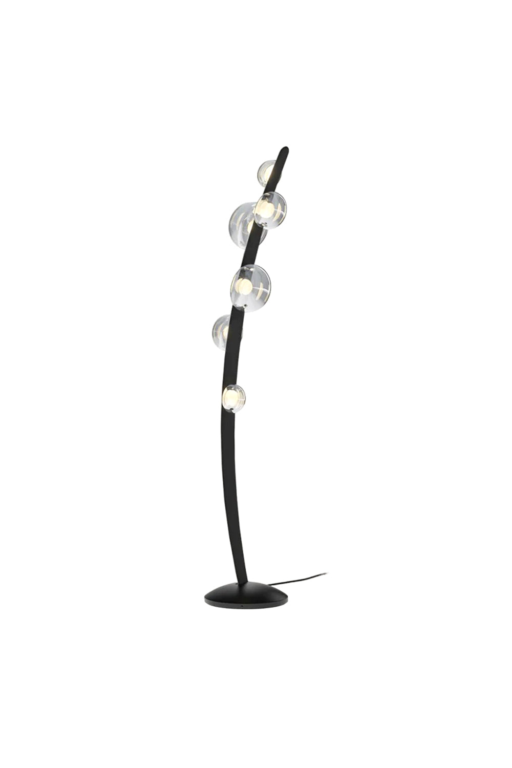 Drosia Dewdrop Floor Lamp | Glass, Metal | Isolated product view of a modern minimalist floor lamp featuring an organic curved matte black iron stem adorned with a cluster of clear glass spherical dewdrop shades | White background | Samu Lamp
