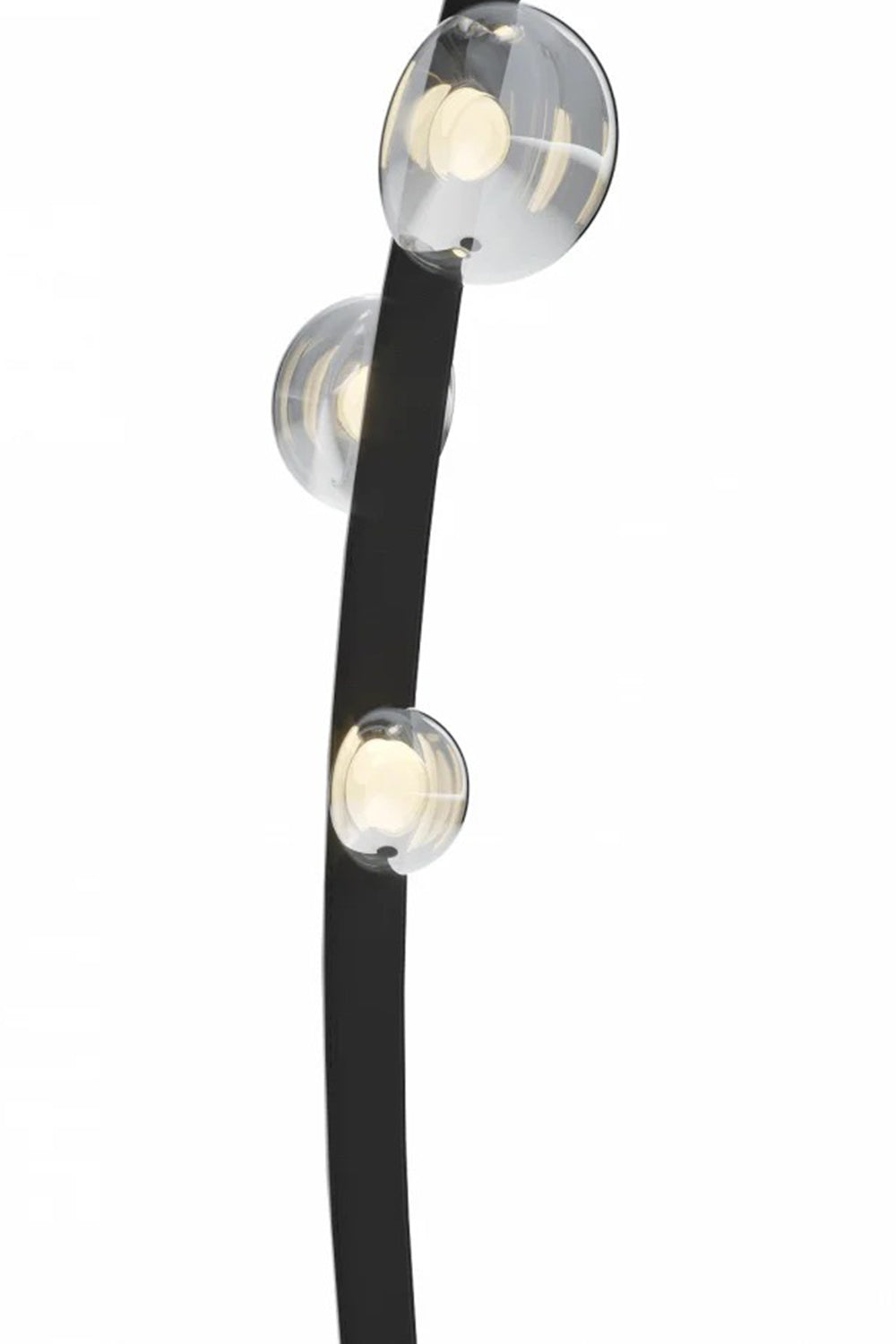 Drosia Dewdrop Floor Lamp | Glass, Metal | Vertical product shot focusing on the upper curved black iron stem and attached transparent glass bubble modules on a solid white backdrop | Detail shot | Samu Lamp