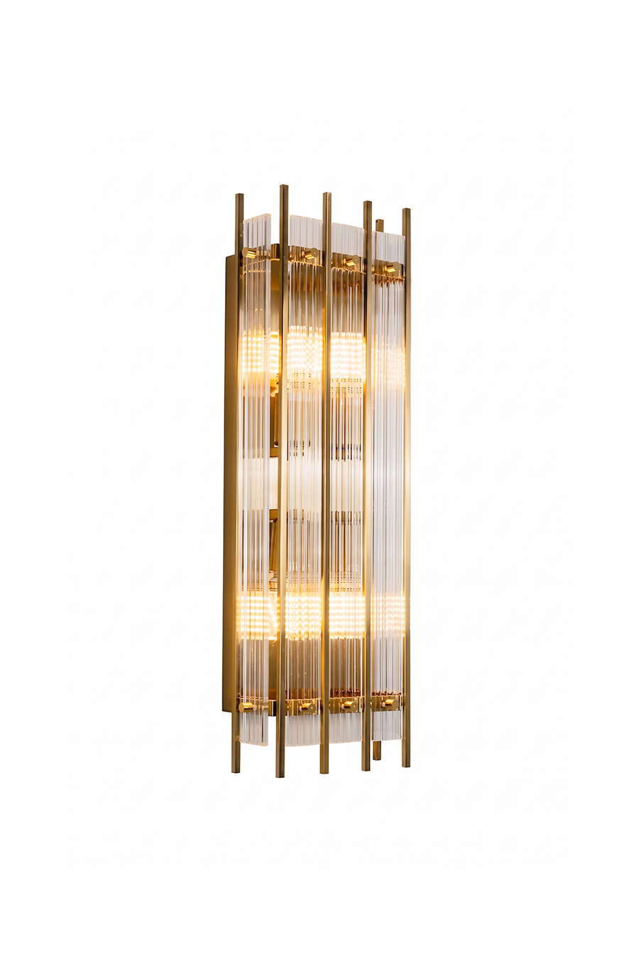 Drystan Ribbed Glass Brass Wall Lamp with elegant ribbed design and warm lighting for stylish interiors.