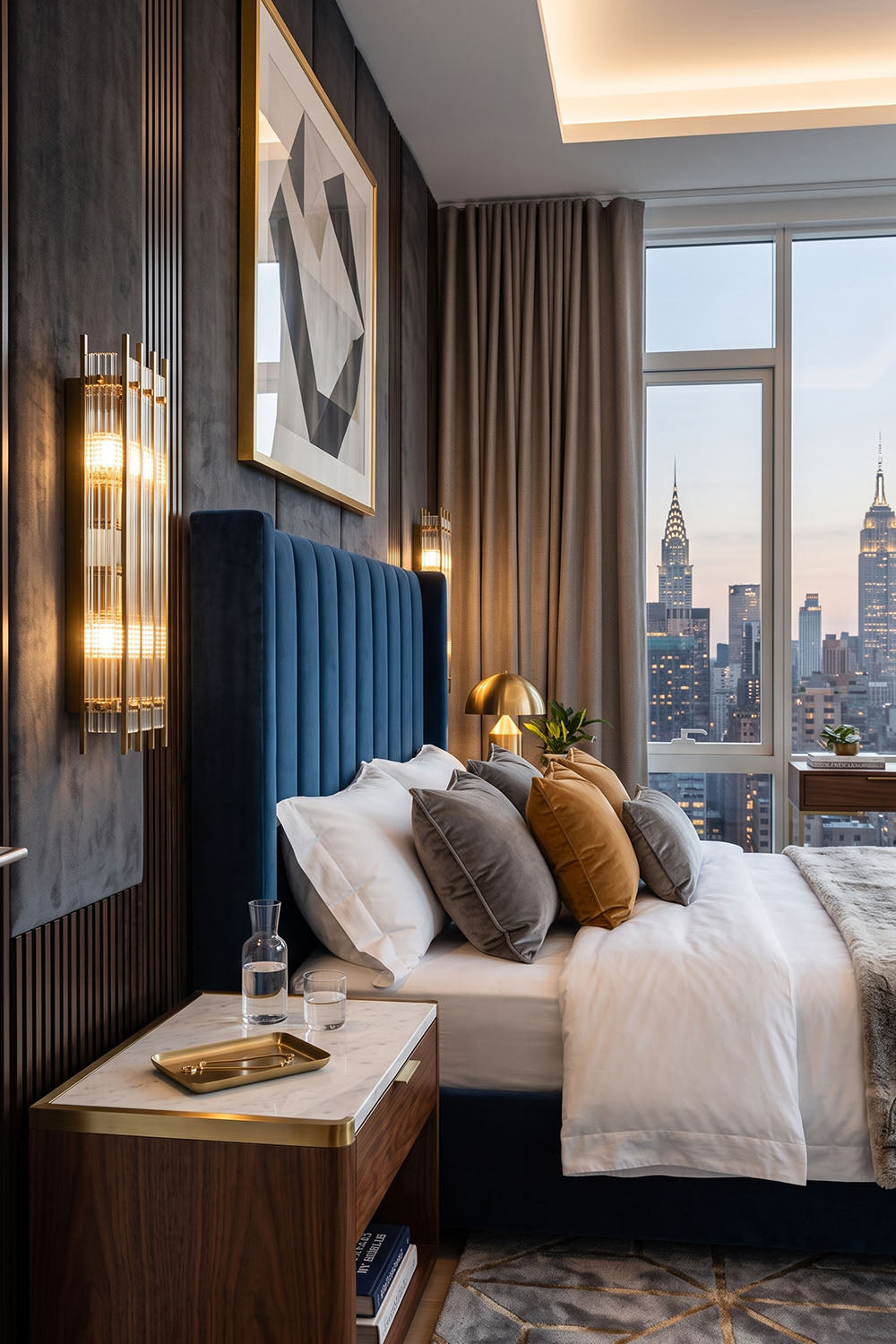 Drystan Ribbed Glass Brass Wall Lamp illuminating a stylish modern bedroom with skyline view.