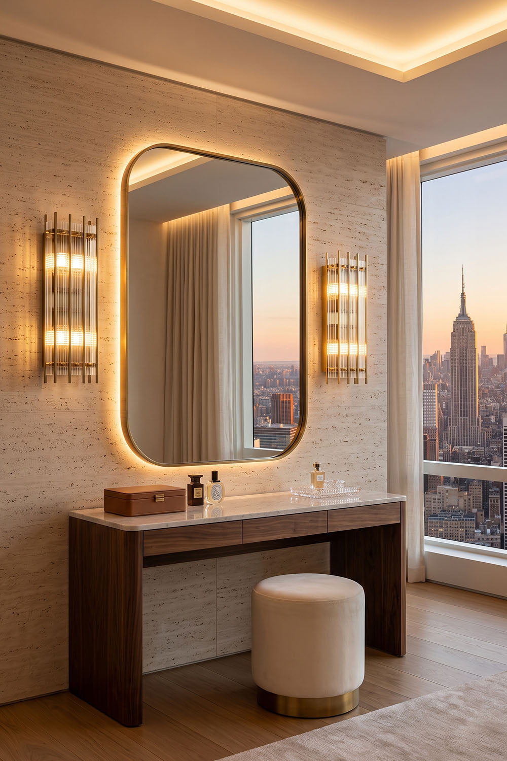Drystan Ribbed Glass Brass Wall Lamp illuminating a modern vanity with a view of the Empire State Building.