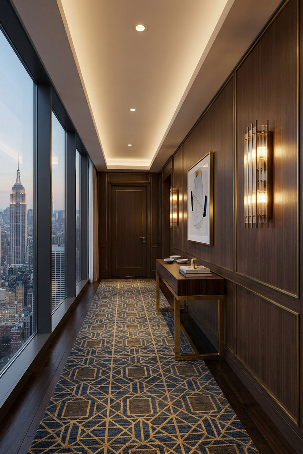 Interior view of a stylish hallway featuring the Drystan Ribbed Glass Brass Wall Lamp and a modern console table.