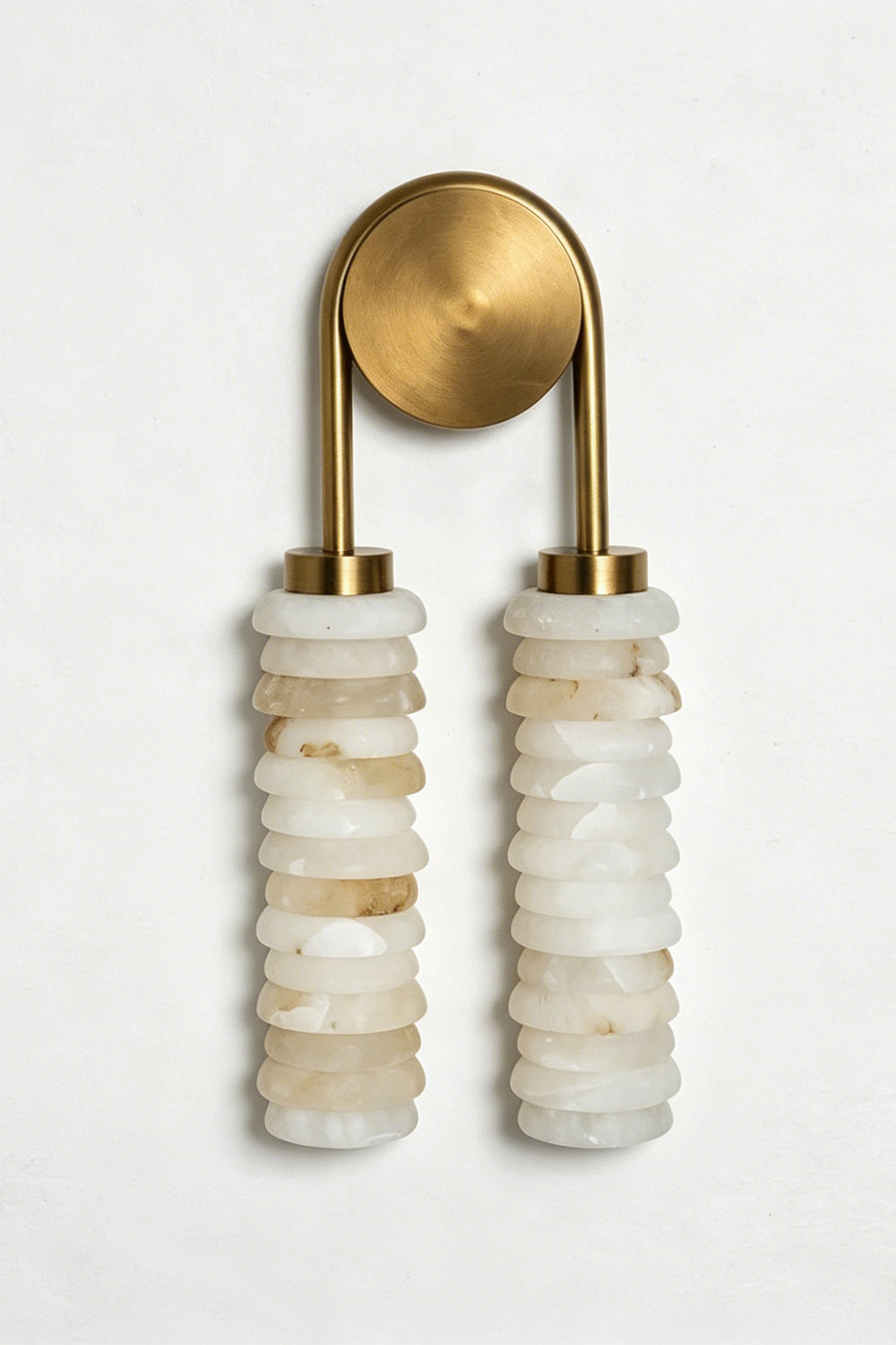 Dual Strata Alabaster Wall Lamp | Metal, Alabaster | Extreme close-up of unlit layered alabaster sections | Samu Lamp