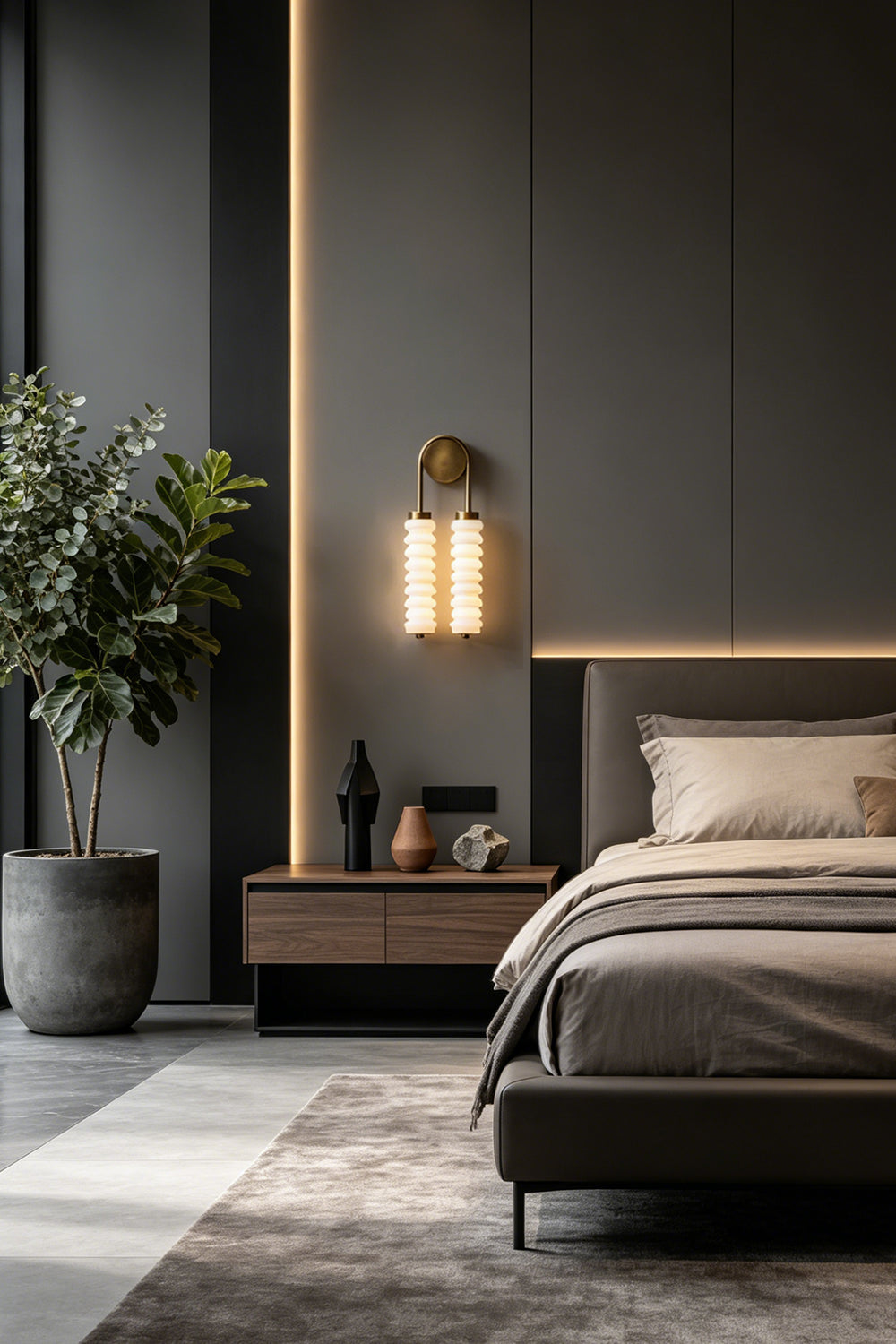 Dual Strata Alabaster Wall Lamp | Metal, Alabaster | Lit lamp creating a calming ambiance in a modern bedroom corner next to a bed | Samu Lamp