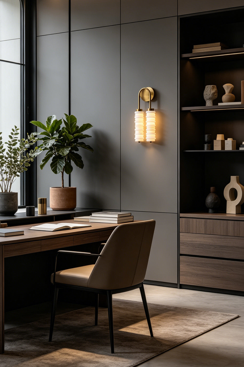 Dual Strata Alabaster Wall Lamp | Metal, Alabaster | Lit lamp above a desk in a clean, minimalist home office | Samu Lamp