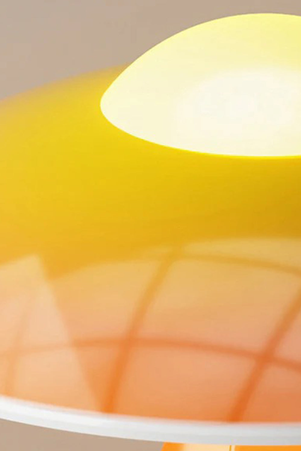 Duskora Retro Mushroom Table Lamp | Ceramic, Glass | Macro close-up profile of the glowing orange glossy dome shade under warm illumination, displaying smooth light diffusion | Detail shot | Samu Lamp