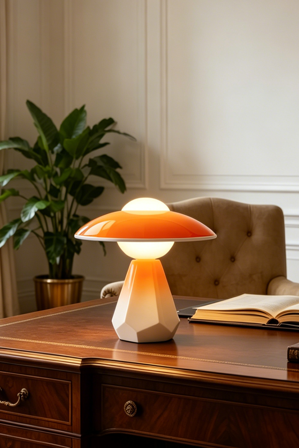 Duskora Retro Mushroom Table Lamp | Ceramic, Glass | Staged on a traditional dark wood study table, radiating a warm cozy glow next to an upholstered armchair | Samu Lamp