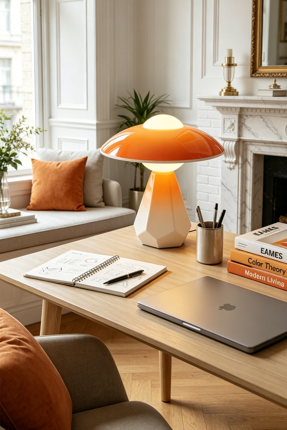 Duskora Retro Mushroom Table Lamp | Ceramic, Glass | Standing as a stylish accent light on a light wood office desk next to a laptop and desk accessories | Samu Lamp