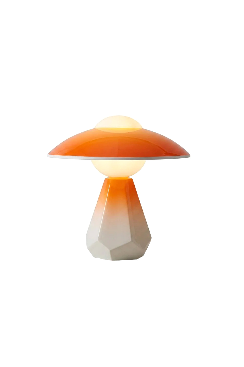 Duskora Retro Mushroom Table Lamp | Ceramic, Glass | Isolated lit product view of a mid-century modern mushroom lamp featuring a glossy orange ombre dome shade and a faceted geometric tapered base | White background | Samu Lamp