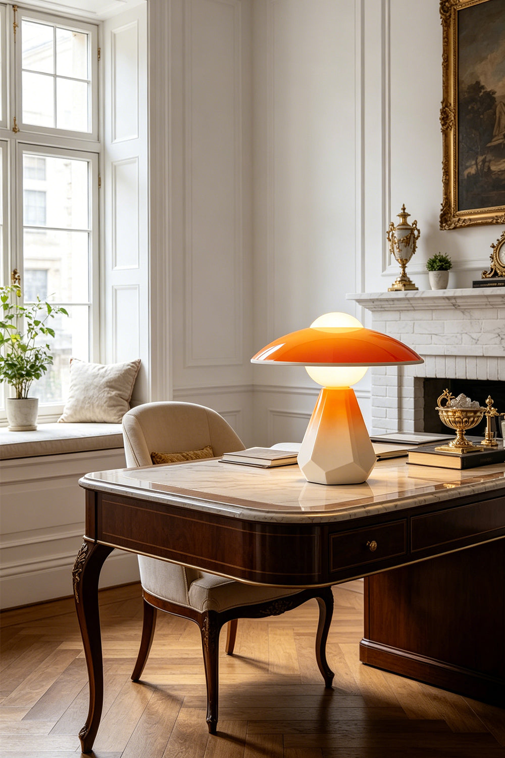 Duskora Retro Mushroom Table Lamp | Ceramic, Glass | Illuminating a classical study nook from a dark wood executive writing desk near a window and fireplace | Samu Lamp