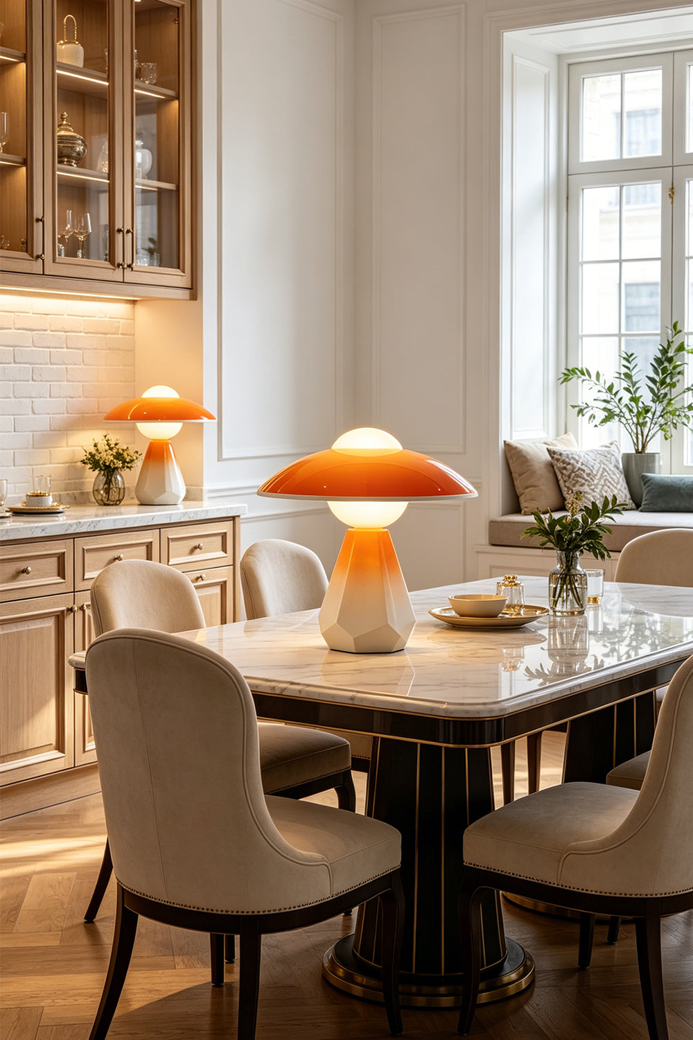 Duskora Retro Mushroom Table Lamp | Ceramic, Glass | Positioned beautifully as a decorative centerpiece on a white marble dining table surrounded by chic cream chairs | Samu Lamp