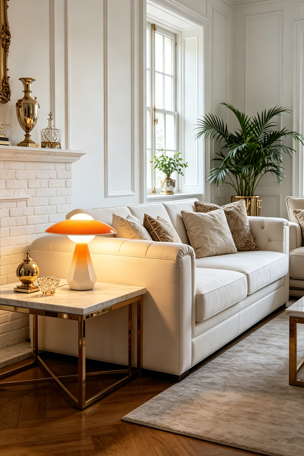 Duskora Retro Mushroom Table Lamp | Ceramic, Glass | Placed on a metallic side table casting a warm retro glow next to a cream sofa in a bright classical living room | Samu Lamp