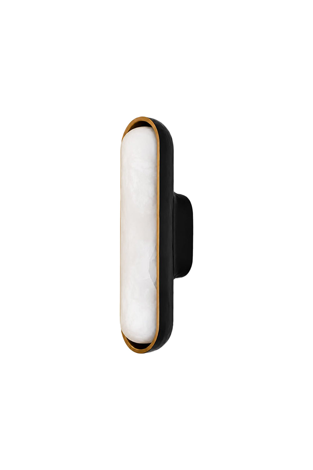 Elara Capsule Alabaster Wall Sconce showcasing a translucent alabaster diffuser in a matte black casing with brushed gold trim.