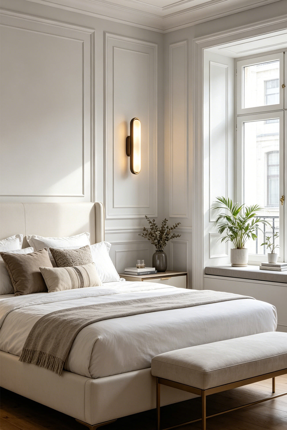 Elara Capsule Alabaster Wall Sconce illuminating a modern bedroom with soft textiles and natural light.
