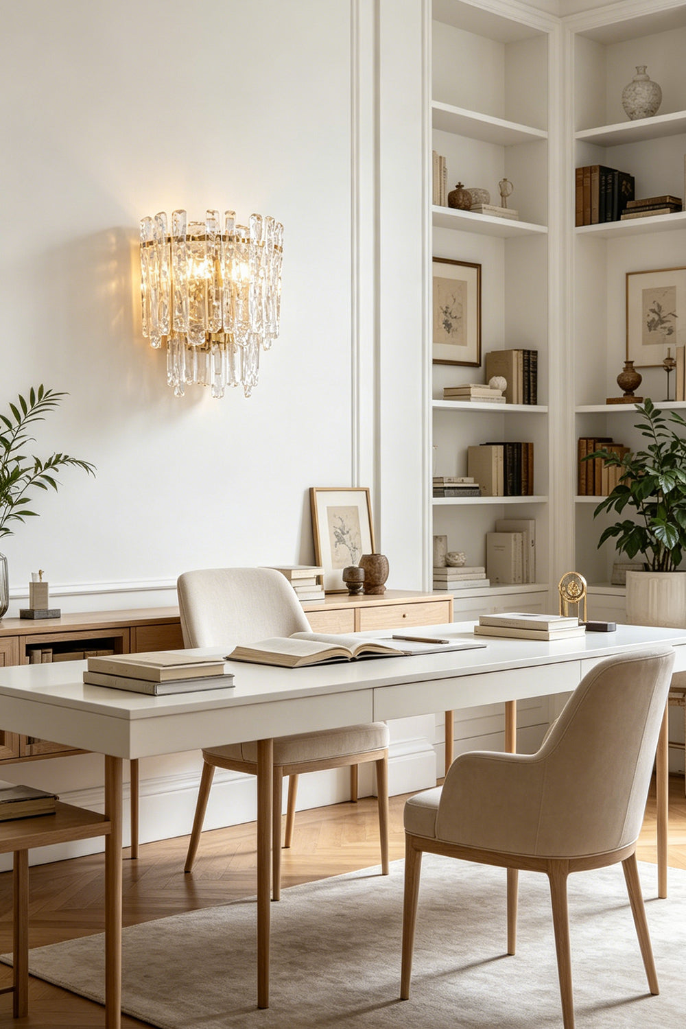 Elara Textured Cast Glass Wall Lamp | Textured Cast Glass, Polished Brass | Positioned on a white wall above a desk with books and a small vase, providing a focused, high-end look for a home office or study | Samu Lamp