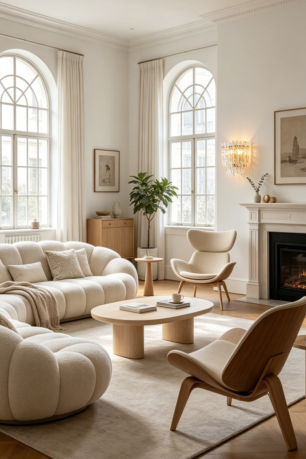 Elara Textured Cast Glass Wall Lamp | Textured Cast Glass, Polished Brass | A wider perspective of the formal bedroom, showcasing the lamp in context with a large arched window, classical fireplace, and elegant furniture | Samu Lamp