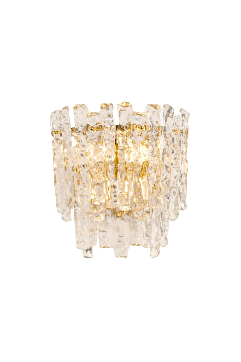 Elara Textured Cast Glass Wall Lamp | Textured Cast Glass, Polished Brass | Isolated studio shot on a clean white background, showcasing the head-on view of the semi-circular artisanal glass panels and the brass base | Samu Lamp