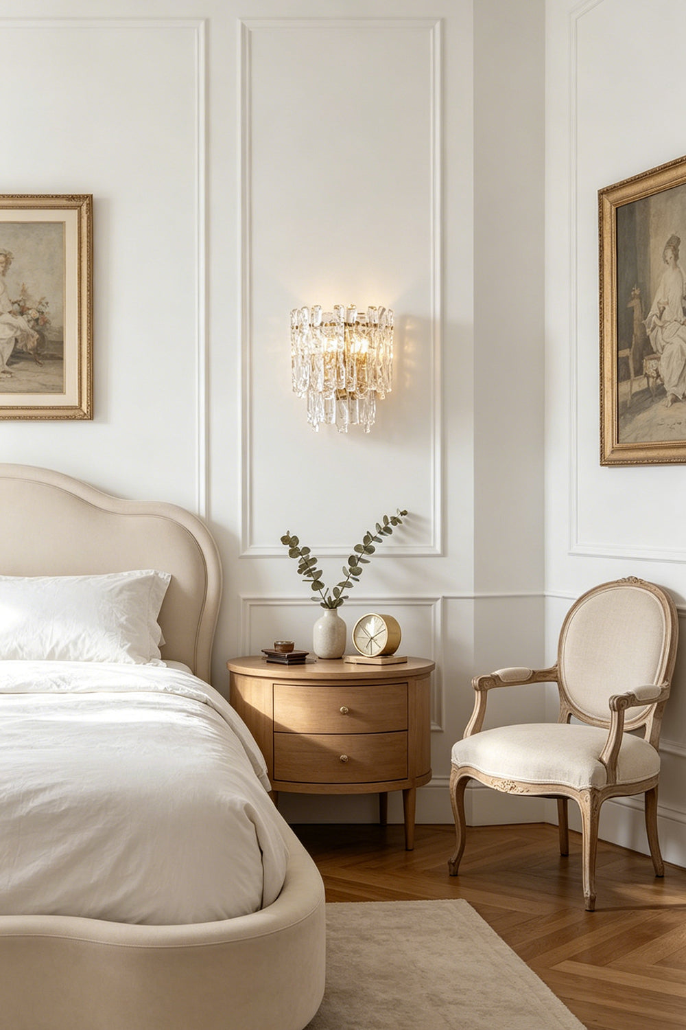 Elara Textured Cast Glass Wall Lamp | Textured Cast Glass, Polished Brass | Installed on a white panelled wall above a formal wooden nightstand with books and a vase, next to an elegant bedroom's four-poster bed frame | Samu Lamp