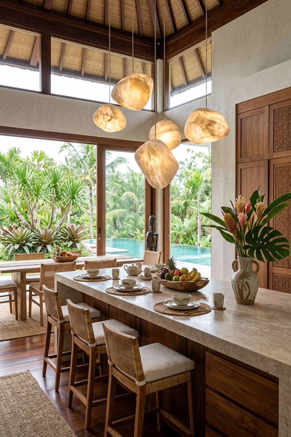 Elodie Teardrop Alabaster Pendant Light hanging in a modern kitchen with tropical view, adding elegance and warmth.