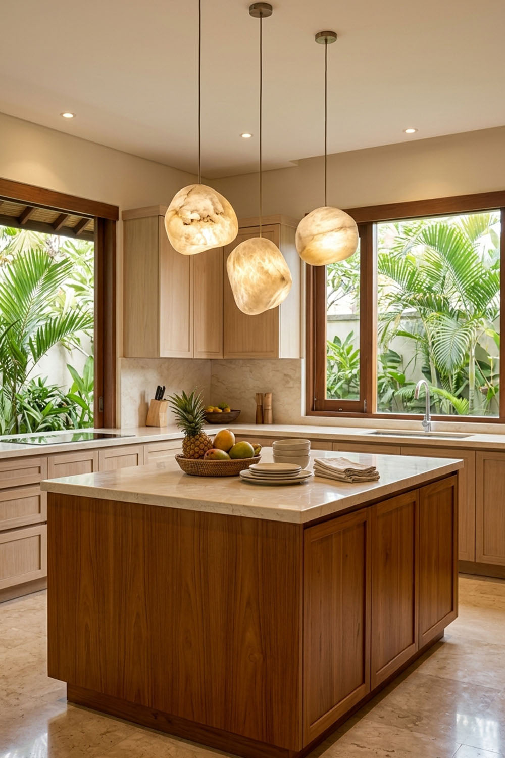 Elodie Teardrop Alabaster Pendant Light hanging over a kitchen island with tropical plants in the background.