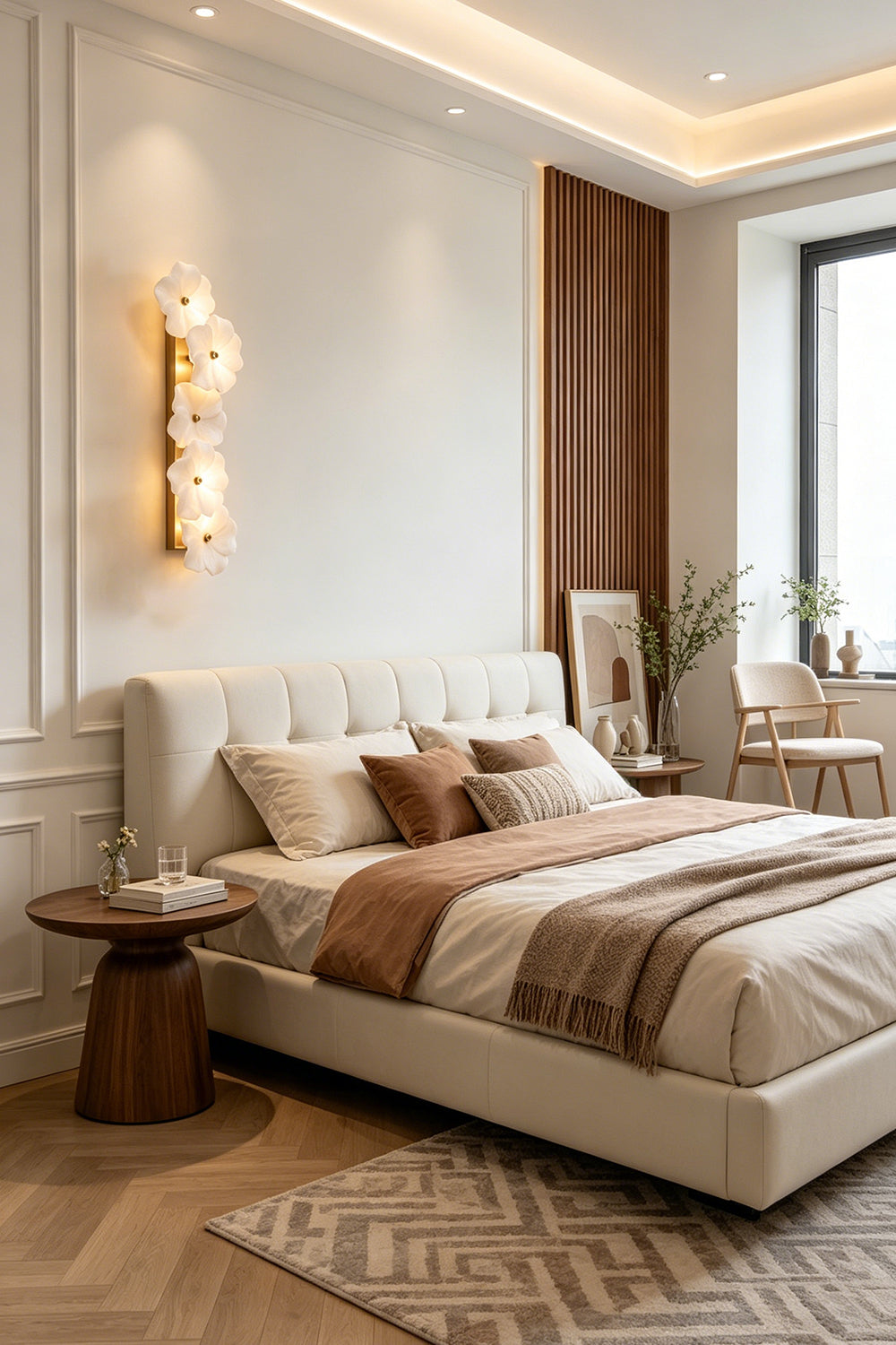 Elowen Alabaster Blossom Wall Light | Bedroom Sconce | Mounted vertically as a luxury bedside accent light casting a warm golden glow next to a cream platform bed and nightstand | Samu Lamp