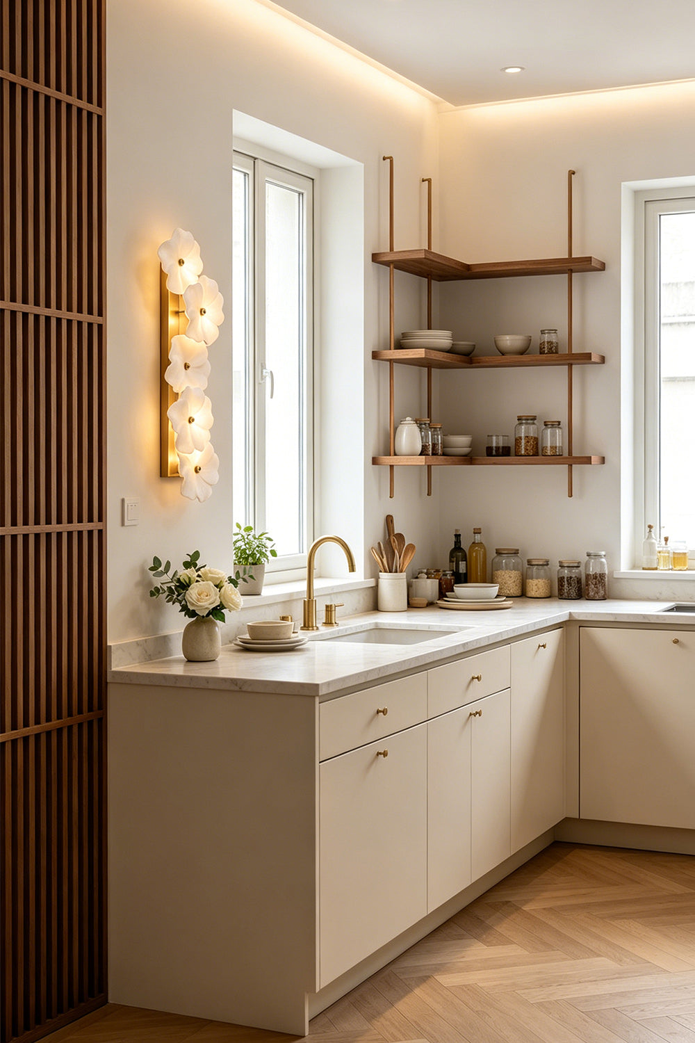 Elowen Alabaster Blossom Wall Light | Kitchen Accent Light | Positioned elegantly on a wall as a stylish organic light fixture next to minimalist cream kitchen cabinetry | Samu Lamp