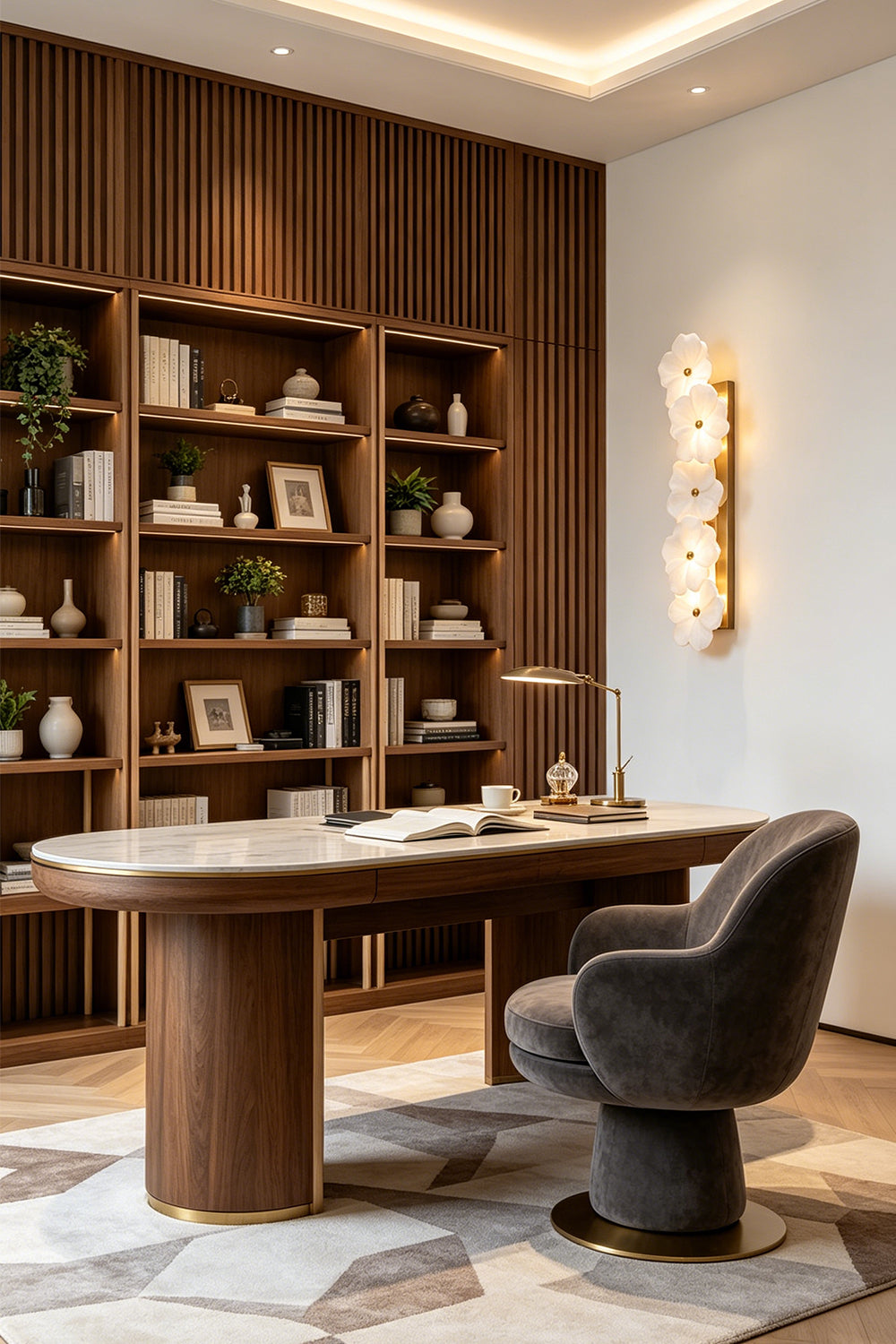 Elowen Alabaster Blossom Wall Light | Office Ambient Light | Mounted on a wall to provide soft accent illumination in a refined home study with a wooden executive desk | Samu Lamp