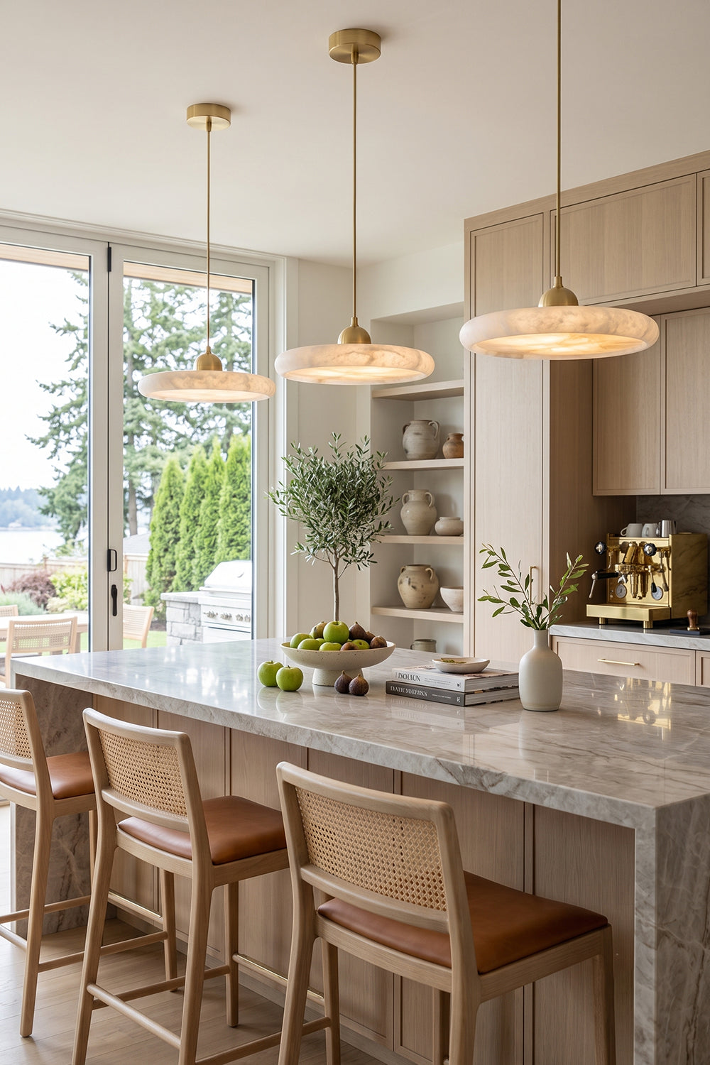 Elowen Alabaster Disc Pendant Light | Natural Alabaster and Brass | A row of three pendants lighting up a luxury marble kitchen island with matching wooden stools | Samu Lamp