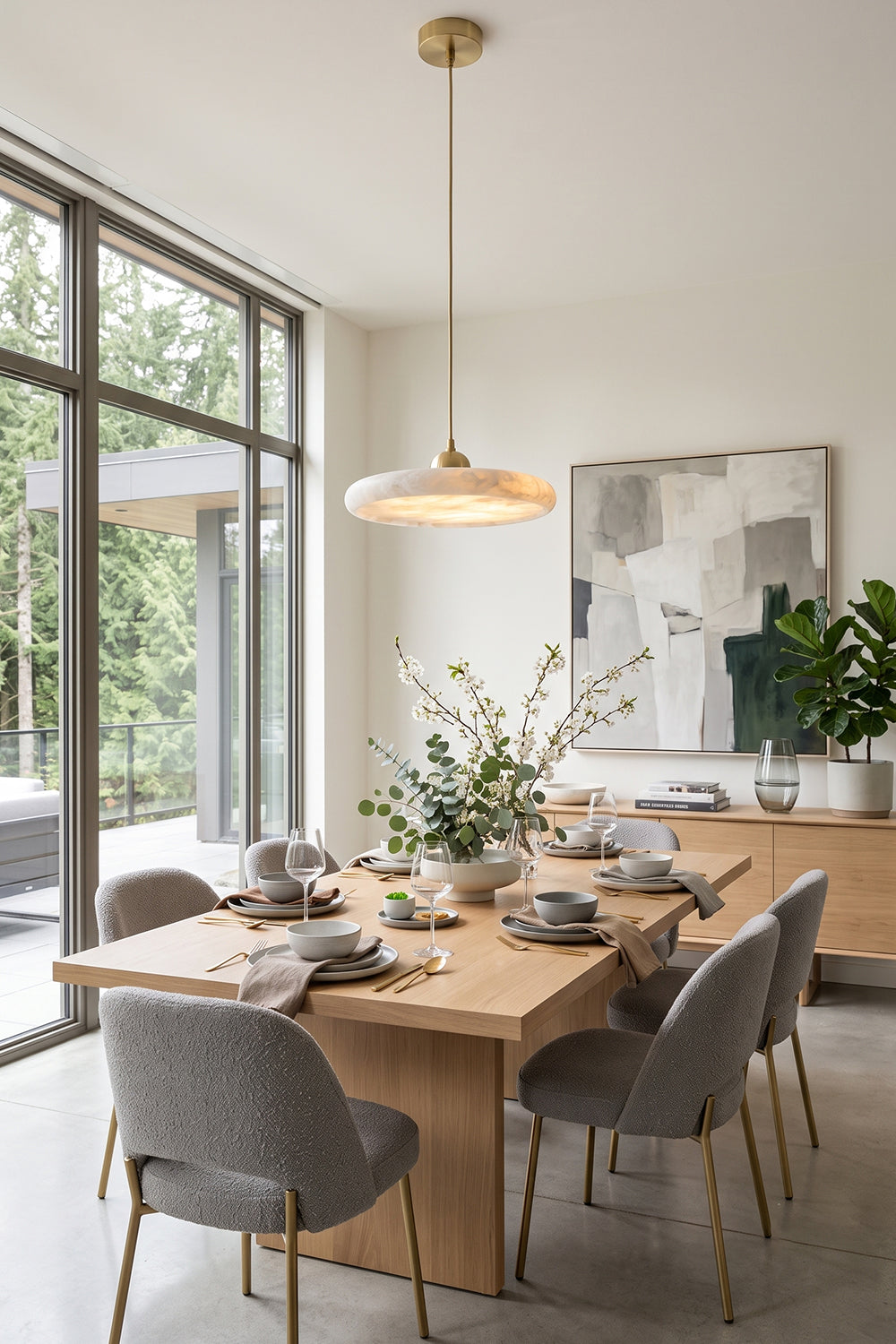 Elowen Alabaster Disc Pendant Light| Natural Alabaster and Brass | Illuminating a minimalist dining room setup with a light oak table and chic grey fabric chairs | Samu Lamp