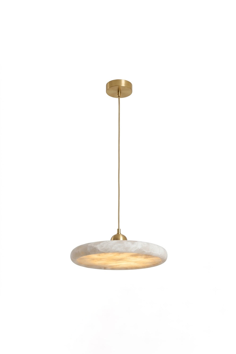 Elowen Alabaster Disc Pendant Light | Natural Alabaster and Brass | Minimalist single fixture presentation fully lit against a clean white studio backdrop | Samu Lamp