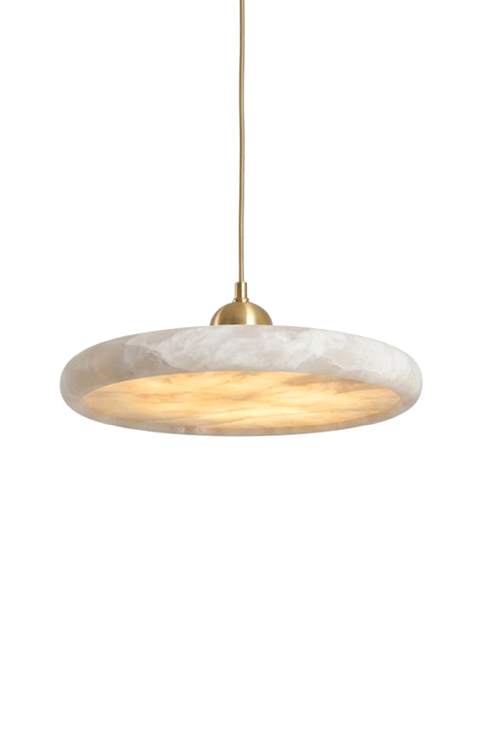 Elowen Alabaster Disc Pendant Light | Natural Alabaster and Brass | Full product view isolated on a pure white background showing the illuminated faceted stone disc | Samu Lamp