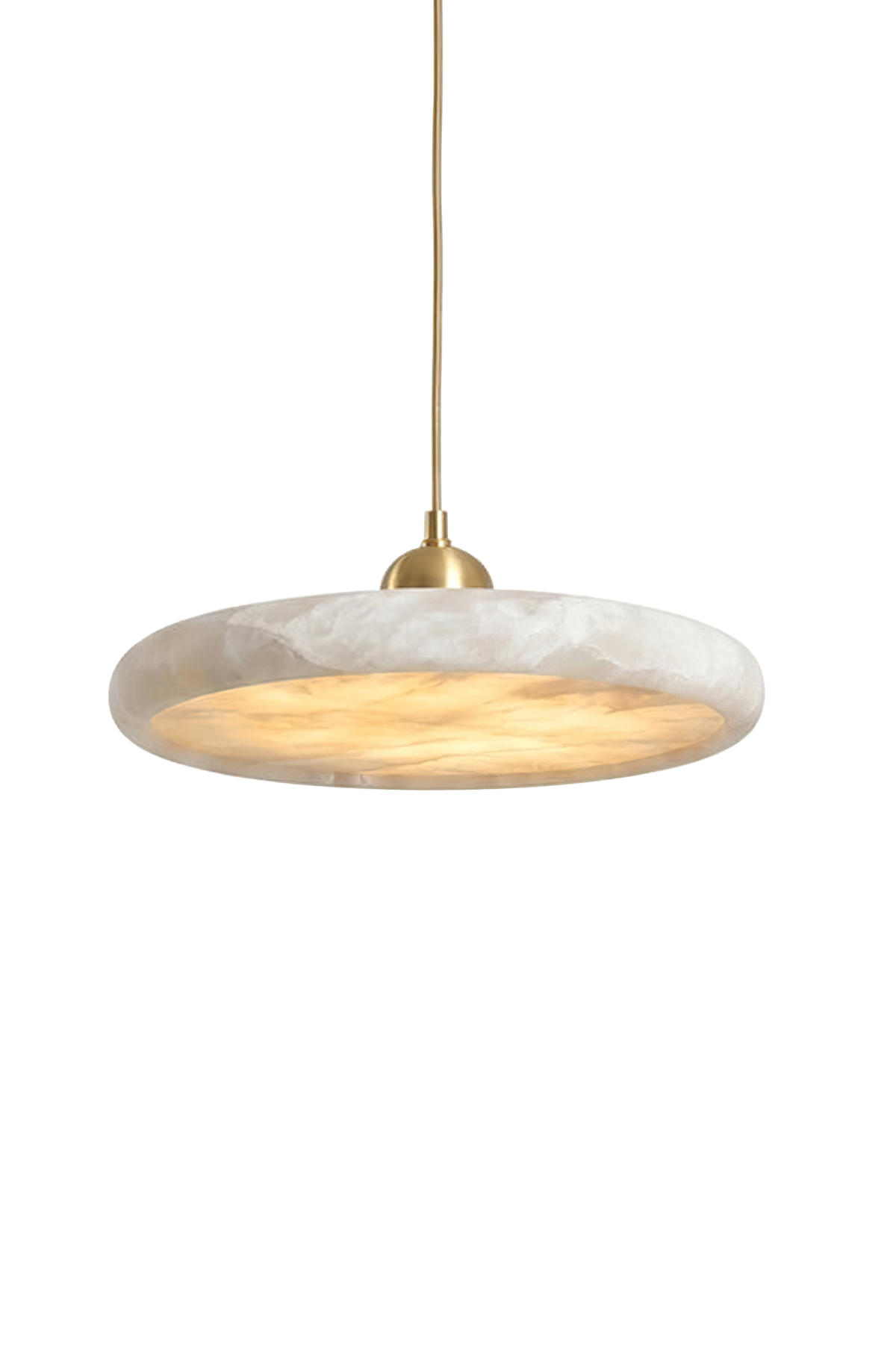 Elowen Alabaster Disc Pendant Light | Natural Alabaster and Brass | Full product view isolated on a pure white background showing the illuminated faceted stone disc | Samu Lamp