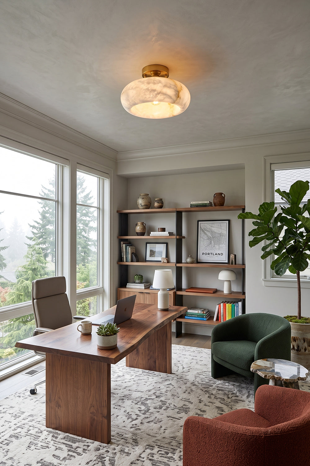 Elowen Alabaster Semi-Flush Ceiling Light illuminating a modern home office with stylish furniture and decor.